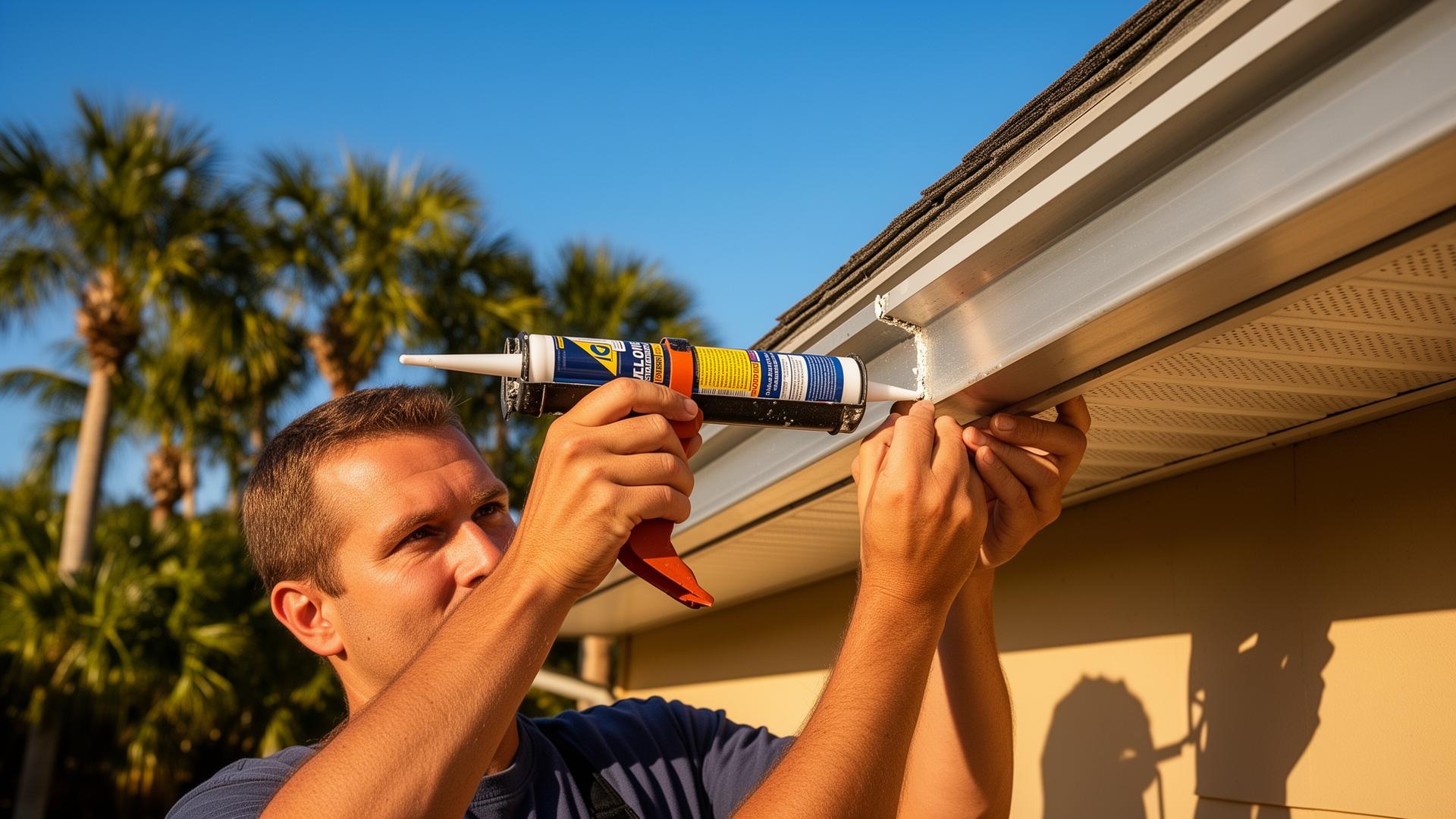 Technician sealing an aluminum gutter joint on a Port Charlotte home